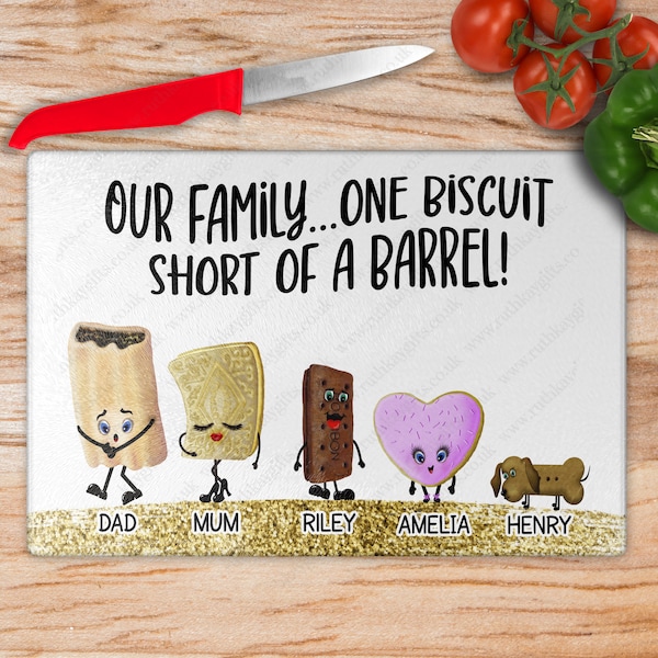 Personalised Glass Chopping Board/Worktop Saver Biscuit Family. Christmas Gift,  New Home, Birthday Gift