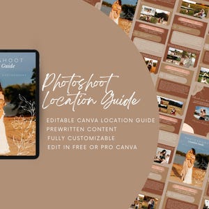 May include: A digital guide for photographers, titled "Photoshoot Location Guide". The guide is editable in Canva and includes prewritten content. The cover image shows a family of three posing in a field.