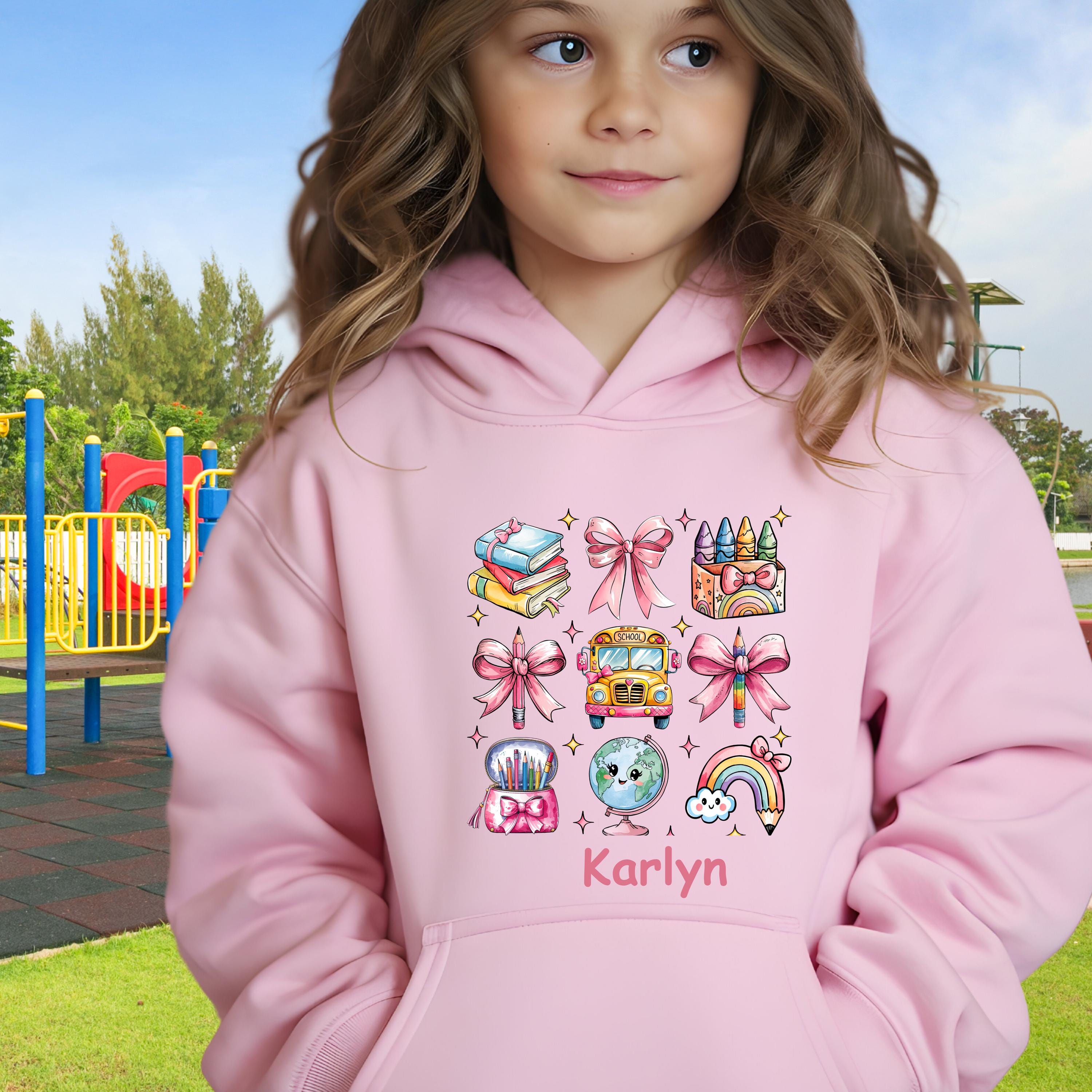 Personalized Coquette Bow Hoodie, Girls Hooded Sweatshirt with Name, Girl Custom Youth Hoodie, Custom Name Girl Pullover Back To School Gift