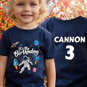 Astronaut Kids Birthday Shirt, Space Custom Name & Age T-Shirt Galaxy Theme Bday Tee Planets Birthday Shirt Rocket Tee Astronaut Party Shirt