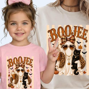 Girls Halloween Black Cat Shirt Youth Halloween Cat Shirt, Cute Cat and Ghost Girls Pumpkin Patch Tee Treat Trick Shirts Gift Boojee T-shirt