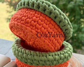 Crochet Pumpkin Basket, Fall Decor, Halloween Treat Basket, Handmade Pumpkin Bowl, Thanksgiving Decor, Orange & Green Basket