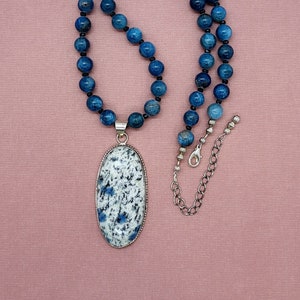 Blue gemstone necklace. A unique K2 pendant with gorgeous blue apatite beads. The perfect gift for her!