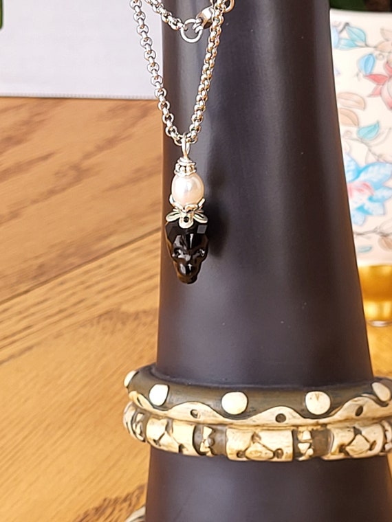 Black Crystal Skull Necklace, Swarovski Skull, White Pearl on