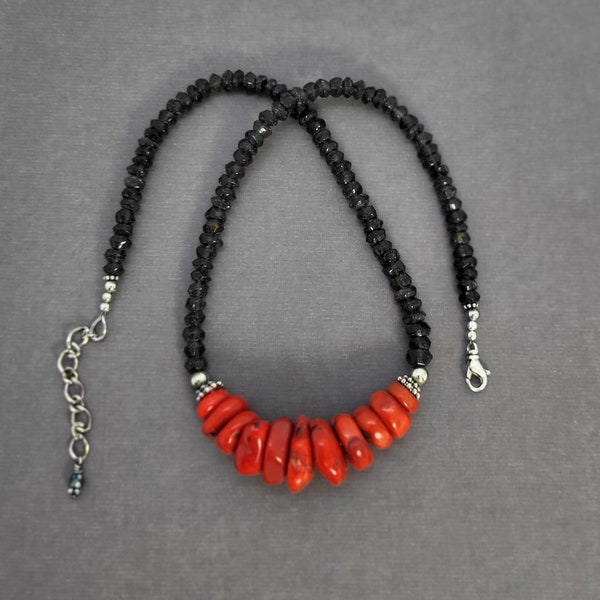 Southwest Gemstone Jewelry - Rich Red Coral and Smokey Quartz beads in an adjustable length statement necklace.  The perfect gift for her!