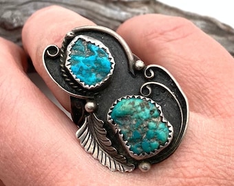 Chunky Double Turquoise Vintage Native American Navajo Sterling Silver Ring Old Chunky Double Turquoise Vintage Native American Navajo Sterling Silver Ring Old