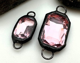 Rectangular Pink Double Jump Ring Rhinestone Soldered Connector (SGP134)
