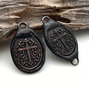 Whimsical Bronze Color Cross Hand Soldered Metal Pendant or Connector (SMP40)