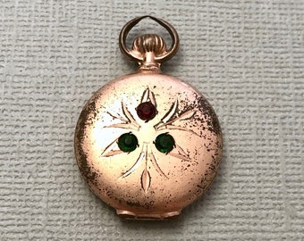 Early 1900s Gold Plated Red & Green Rhinestone Watch Fob Pendant (GFP11)