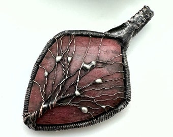 Wire Wrapped & Soldered Pink Rhodonite Tree of Life Pendant (OAK184)