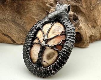 Wire Wrapped & Soldered Tan Scolecite Tree of Life Pendant (OAK186)