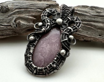 Wire Wrapped & Soldered Light Purple Lepidolite Pendant (OAK188)