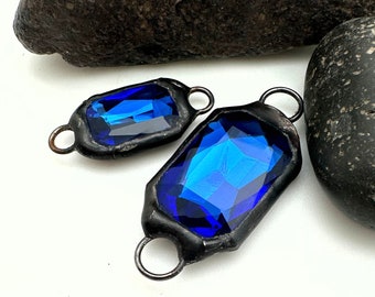 Rectangular Sapphire Blue Double Jump Ring Rhinestone Soldered Connector (SGP62)