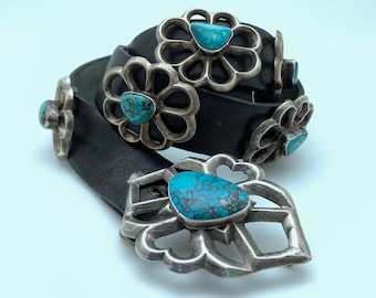 Vintage Sterling Silver & Turquoise Handmade Sandcast Concho Black Leather Belt (39 Inches) (SJ15)