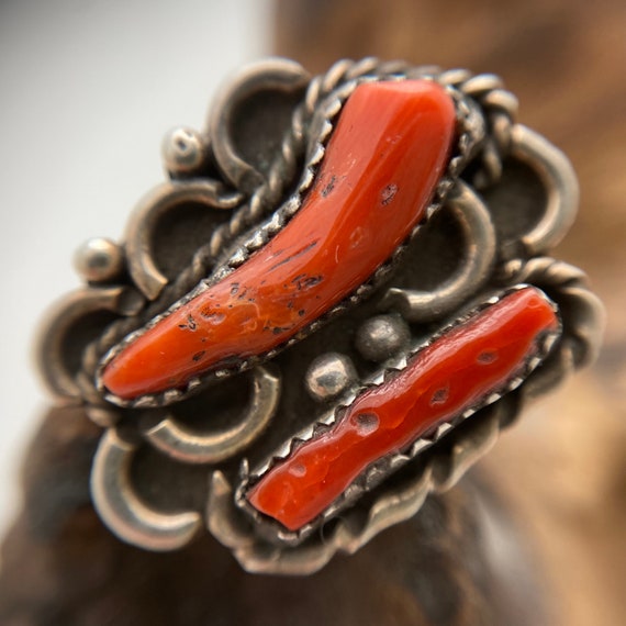 Vintage Chunky Coral Native American Sterling Rin… - image 5
