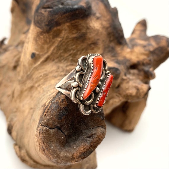Vintage Chunky Coral Native American Sterling Rin… - image 3