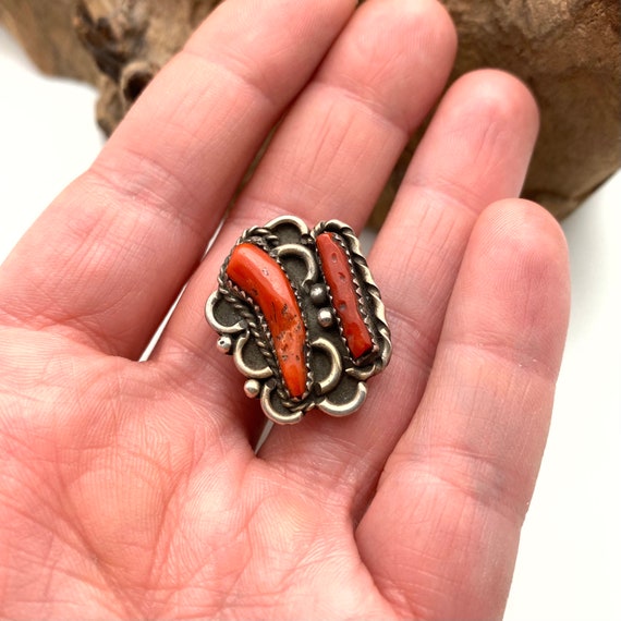 Vintage Chunky Coral Native American Sterling Rin… - image 8