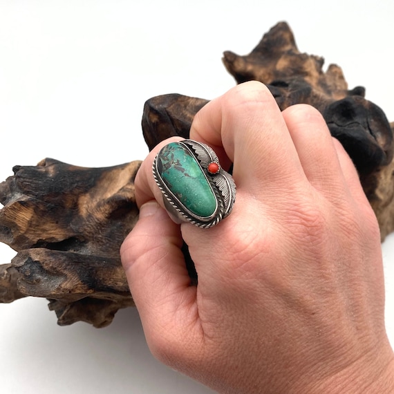 Rare Early Vintage Native American Navajo Green Turquoise Coral Sterling Silver Leaf Ring Rare Early Vintage Native American Navajo Green Turquoise Coral Sterling Silver Leaf Ring