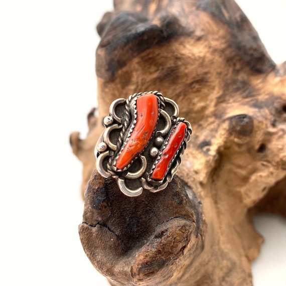 Vintage Chunky Coral Native American Sterling Rin… - image 1