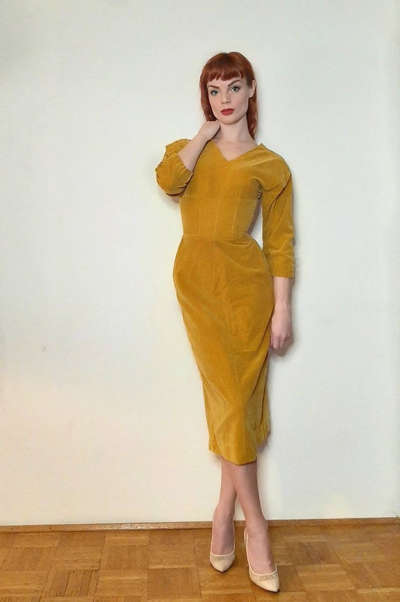Vintage 1950s mustard yellow wiggle dress with pleated Etsy