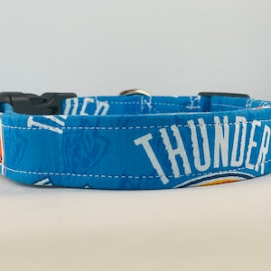 May include: Blue dog collar with a white "THUNDER" logo and a basketball-themed pattern.
