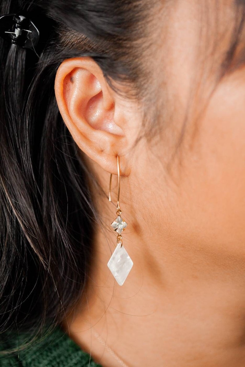 Adele earrings Crystal & rhombus drops Opalescent cream image 3