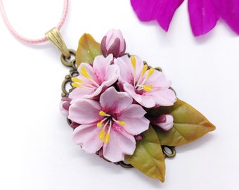Cherry Blossom Necklace : handmade cherry blossoms / sakura - necklace, hanami, fimo, flowers, flowers, pink, collar, bronze, unique, polymer