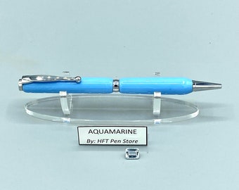 Aquamarine, March Birthstone Pen, 18th   and 19th Anniversary Pen, Light Blue Ergonomic Pen, Twist Pen, Made in KY