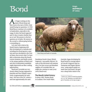 May include: A close-up of a white sheep with brown wool. The sheep is standing in a field with other sheep. The text "Bond sheep and lambs in Australia" is printed below the image.