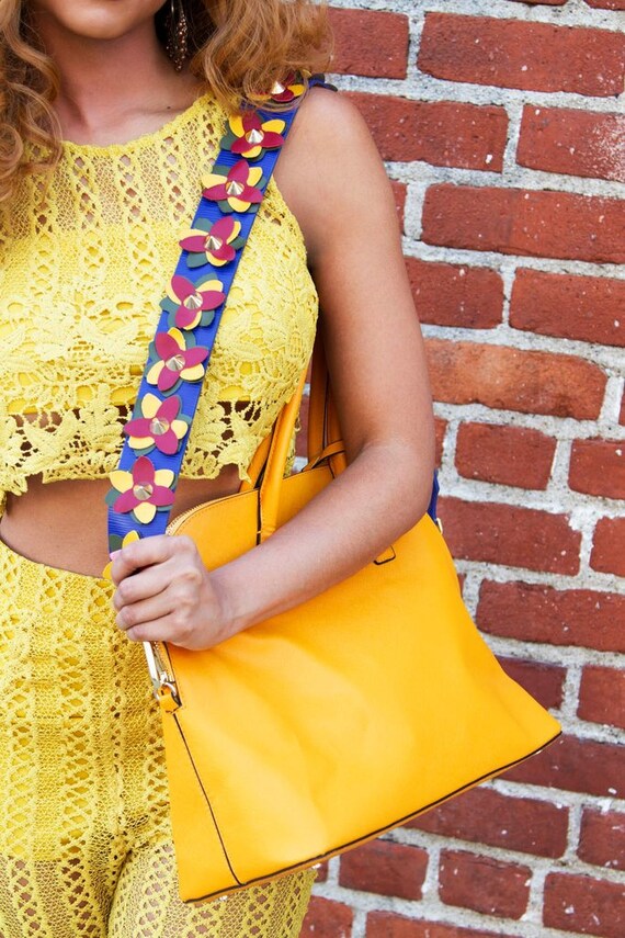 Leather flowers Bag Strap yellow blue pink leather Removable Purse Strap Interchangeable Strap Replacement Handle