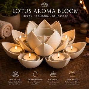 Puede incluir: Un portavelas blanco en forma de flor de loto con ocho velas de té encendidas. El texto "LOTUS AROMA BLOOM" está en la parte superior. El diseño está inspirado en la flor de loto, con un difusor extraíble.