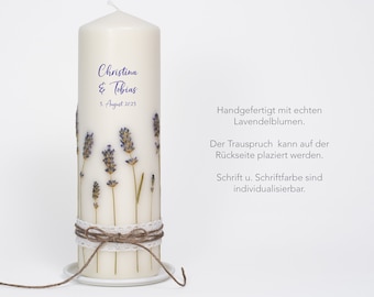 Baptismal candle / wedding candle with real lavender flowers (22), font is customizable, saying optional, baptismal candle vintage