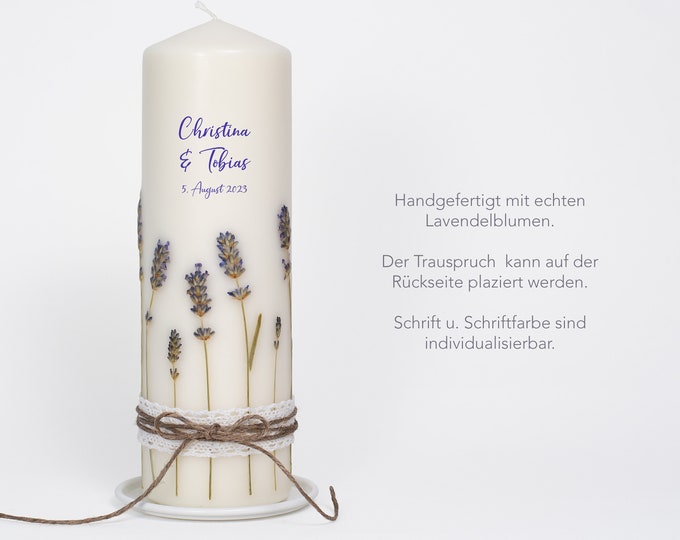 Baptism candle / wedding candle with real lavender flowers (22), font can be customized, saying optional, baptism candle vintage