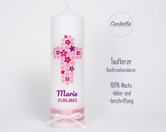 Christening candle, confirmation candle, flower cross, for girls and boys, exclusively with wax decoration