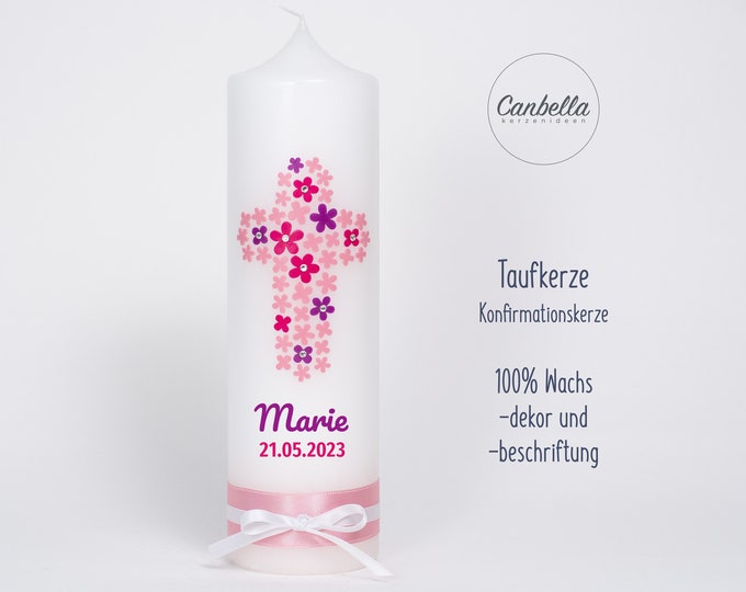Christening candle, confirmation candle, flower cross, for girls and boys, exclusively with wax decoration