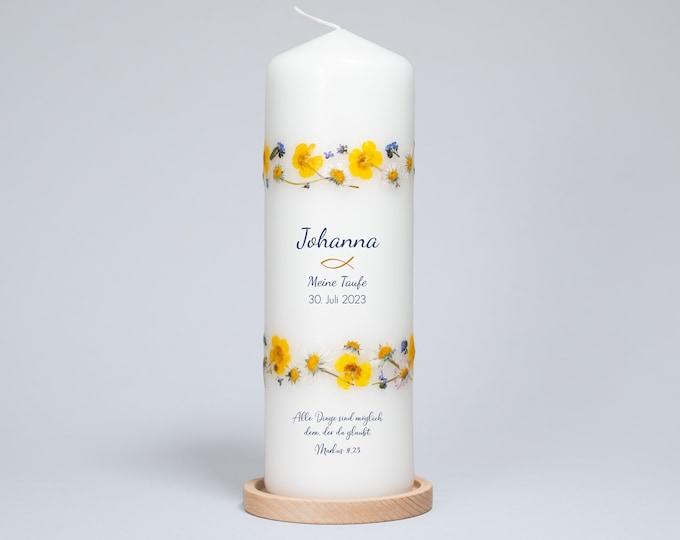 Christening candle / wedding candle (18) handmade from real flowers, saying on the back (option)