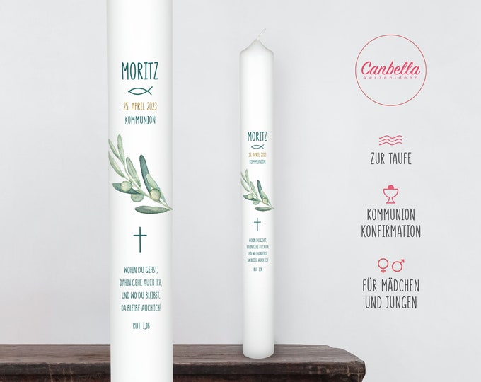 Baptism candle, communion candle, confirmation candle, 40 cm, olive branch, leaves, greenery, fish, cross