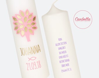 Baptismal candle tree of life (08), with golden wax decoration including baptismal message, color and writing can be customized, high-quality wax writing