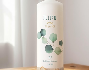 Christening & Communion Candle 25 / 40 cm Personalized with Eucalyptus | Timeless and Simple | For Girls and Boys