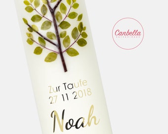 Christening candle with tree of life (12), made of real flowers and plants, gold lettering, guard lettering, optional baptismal message, Greenery