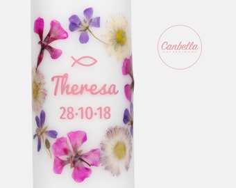 Baptismal candle with real flowers (04), wax lettering, flower wreath, lettering can be customized in color and design, baptismal saying optional