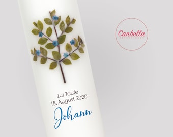 Baptismal candle with tree of life (10), made of real leaves and flowers, font options, baptismal saying optional, baptismal candle vintage