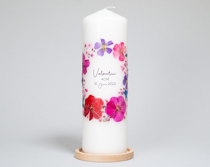 Wedding candle, baptism candle (16) handmade from real flowers, wedding motto on the back (option)