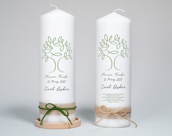 Christening candle, communion candle, tree of life, single line hand drawing, baptismal message, jute ribbon