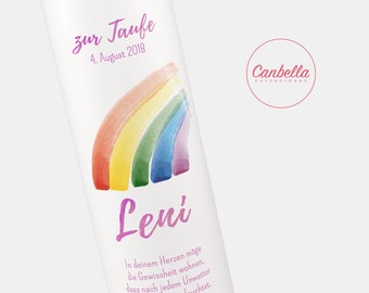 Modern baptismal candle with rainbow suitable for boys and girls, color and writing customizable, with baptismal motto