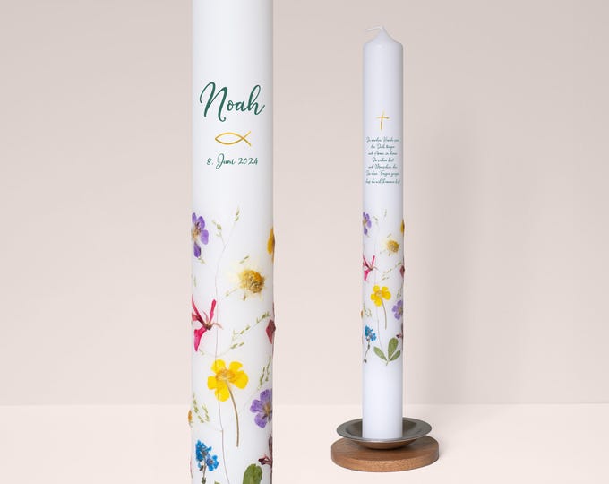 Featured listing image: Personalized christening and communion candle, 40 cm, with wildflowers | real blossoms | narrow | for girls and boys