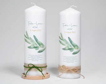 Baptism candle (21), olive branch motif, leaves, greenery, baptism saying, linen ribbon