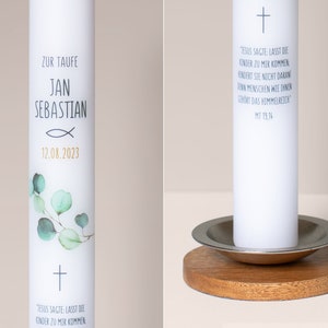 Baptism candle, communion candle, 40 cm, for girls and boys, eucalyptus, fish, cross image 6