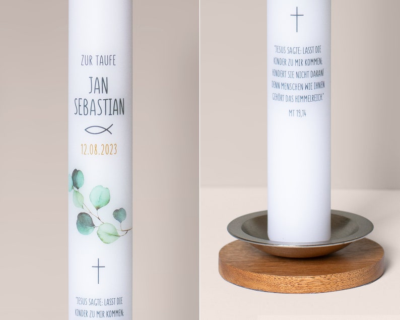 Baptism candle, communion candle, 40 cm, for girls and boys, eucalyptus, fish, cross image 6