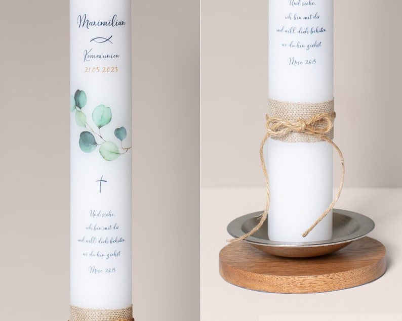 Baptism candle, communion candle, 40 cm, for girls and boys, eucalyptus, fish, cross image 7